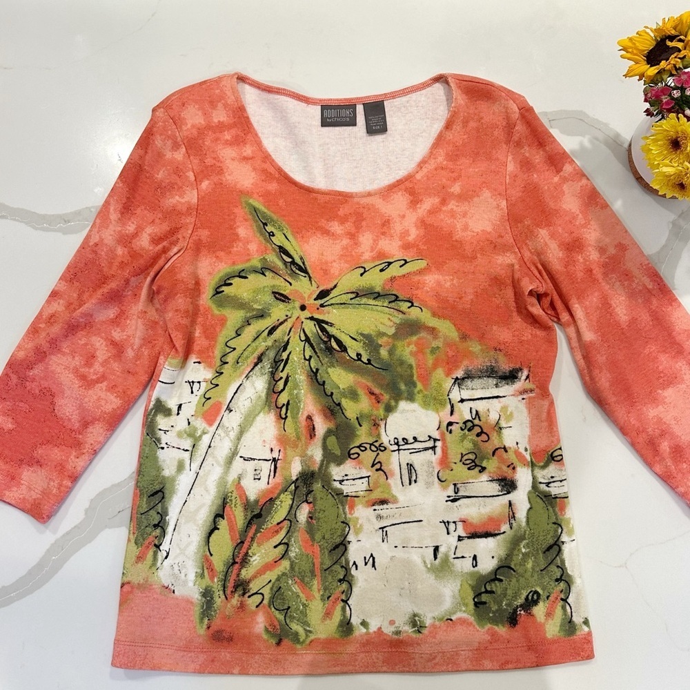 Additions by Chicos 3/4 sleeve Europe print top